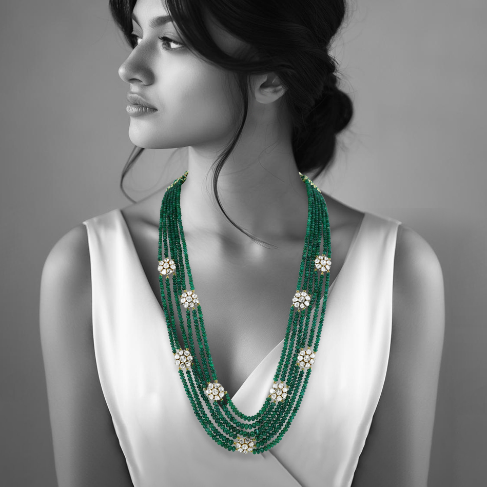 Layered Emerald Bead Necklace with Polki Floral Clusters
